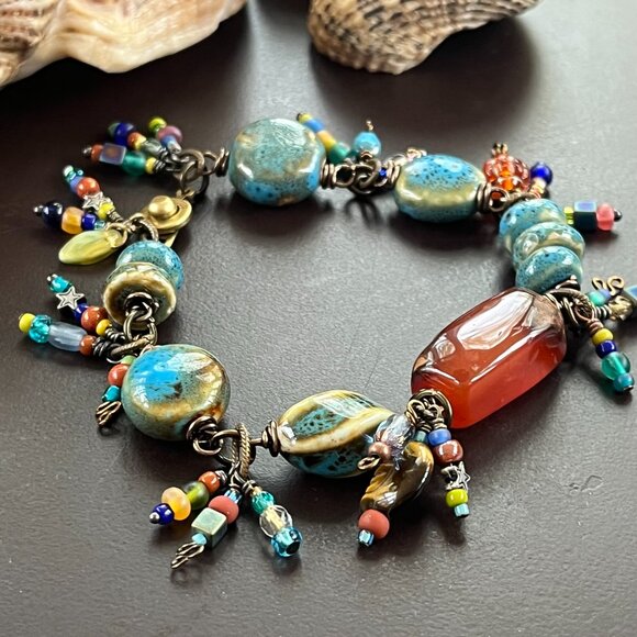 Handmade Jewelry - Handmade Carnelian Stone & Ceramic Charm Bracelet: Boho Eclectic Beaded Jewelry